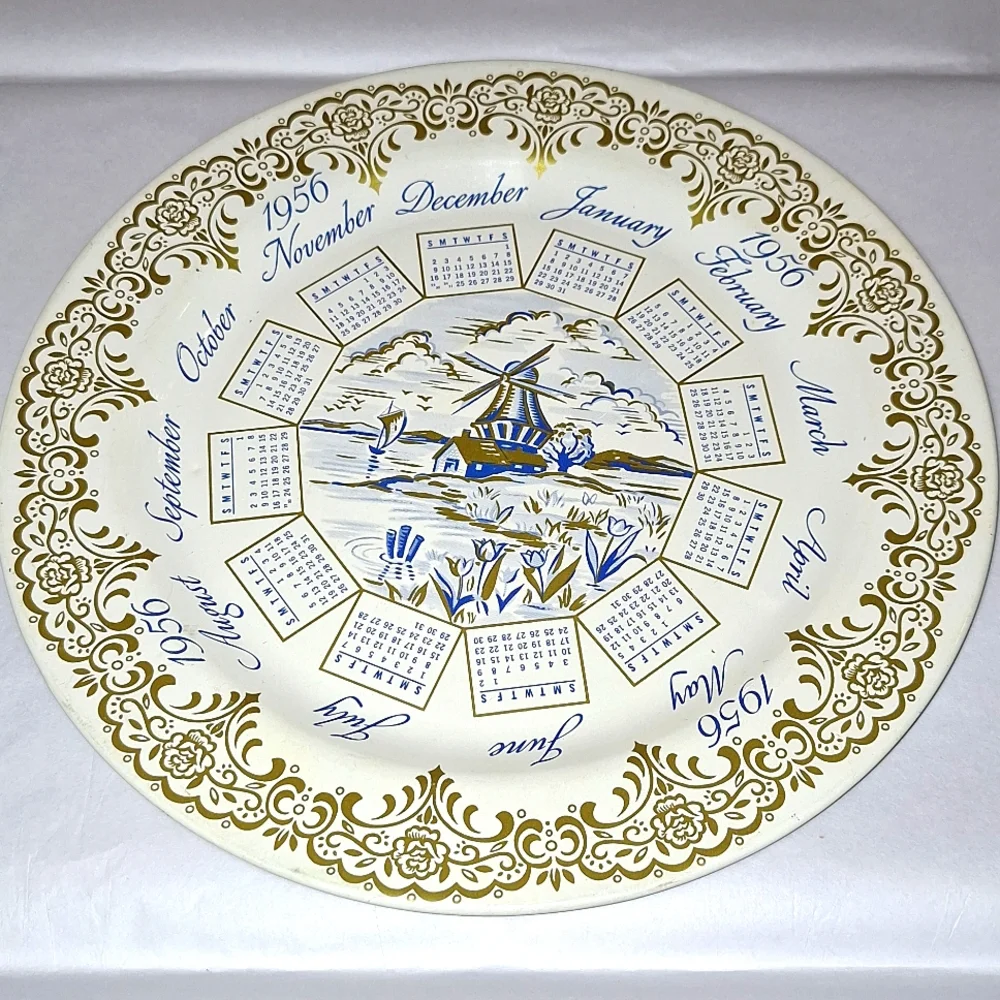 📅 1955-1956 tin calendar plate with windmills